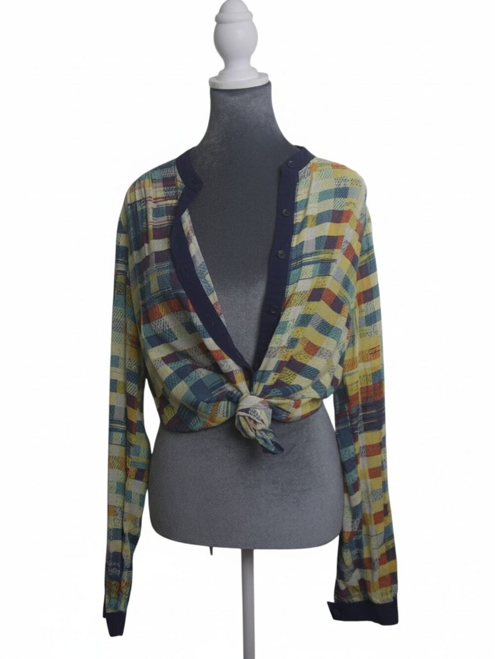 VTG BCBGMAXAZRIA Marteena Blouse L Multicolor Plaid Patchwork Rayon Tunic Top